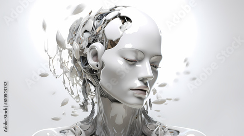 3D render, Visualization of artificial intelligence, AI, KI, Concept Future Robot / Bot Head, pale white, glossy, on white background. Generative AI