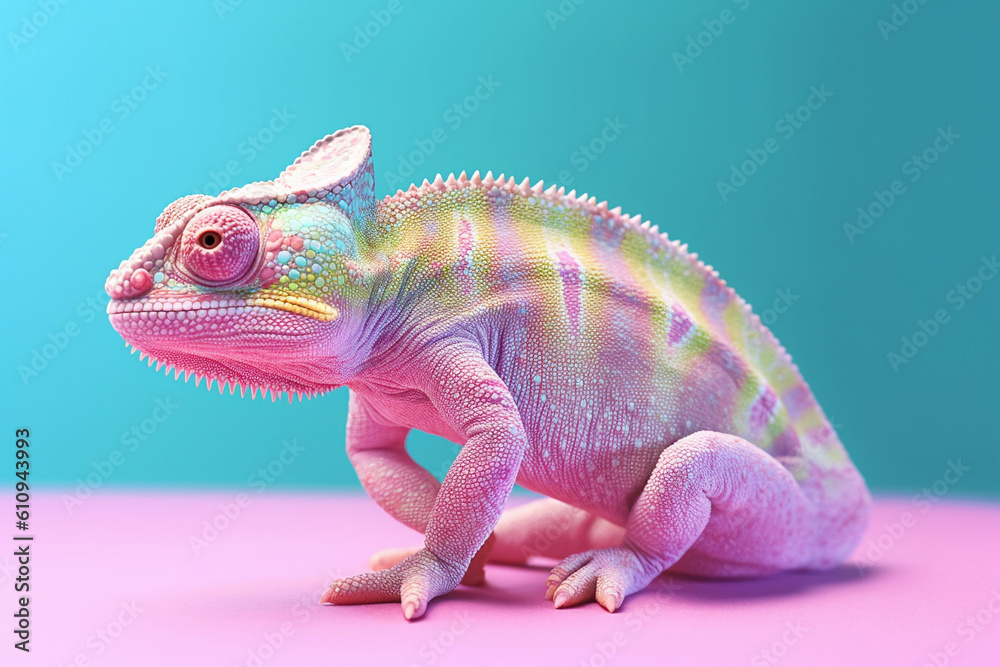 Fototapeta premium pastel colored chameleon on a pastel background created with AI generative tools