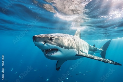 Majestic White Shark Gliding Through the Ocean Depths. Generative AI © Haider