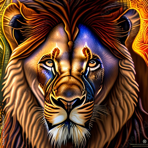 rusty African lion  symmetrical face  detailed features  sharp eyes  soft skin - generative ai