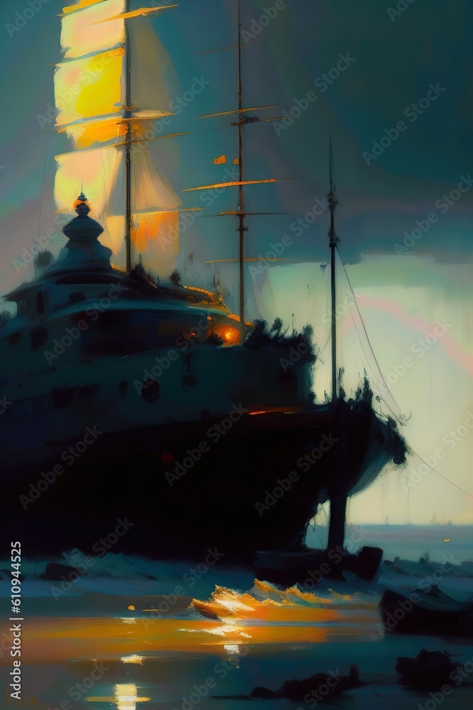 Fototapeta premium A digital painting of a boat in a shore using oil effect - Artwork 3