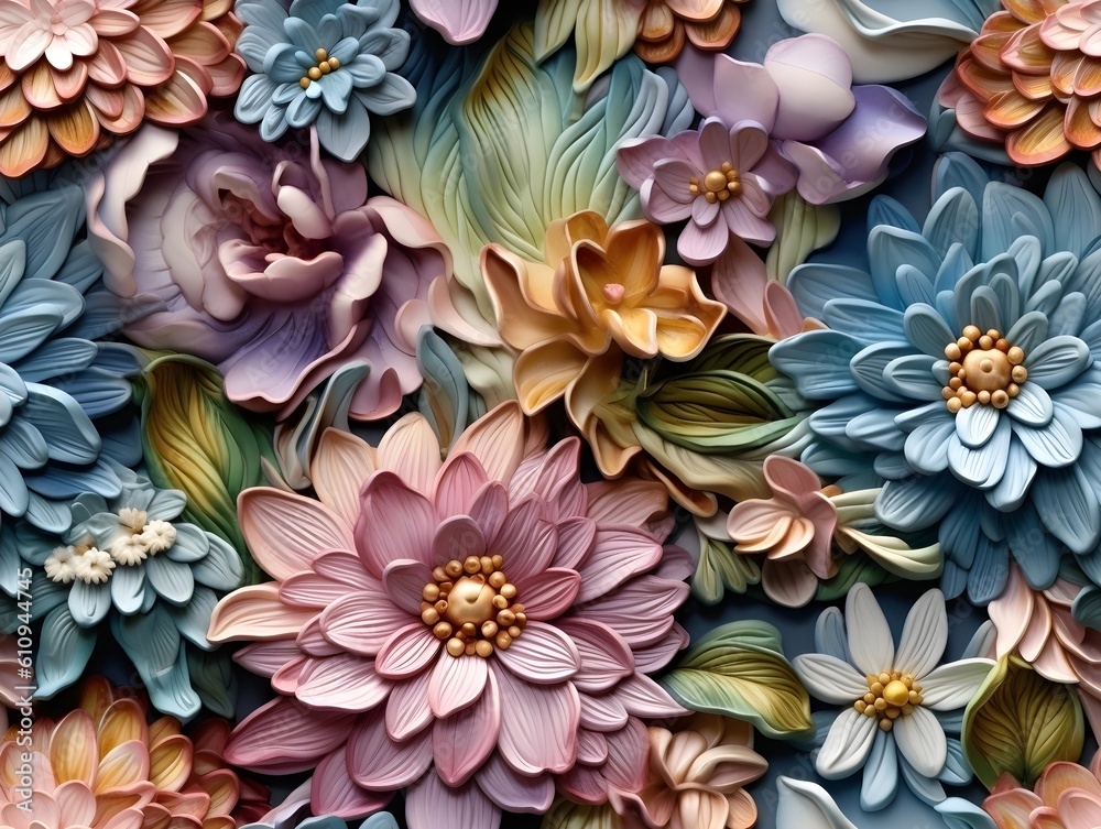3D Blue Pink Flowers Seamless Pattern Backdround