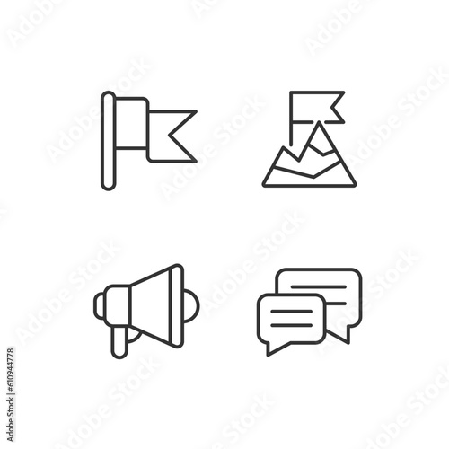 Achievement pixel perfect linear icons set. Goal accomplishment. Communication. Promotion and advertising. Customizable thin line symbols. Isolated vector outline illustrations. Editable stroke