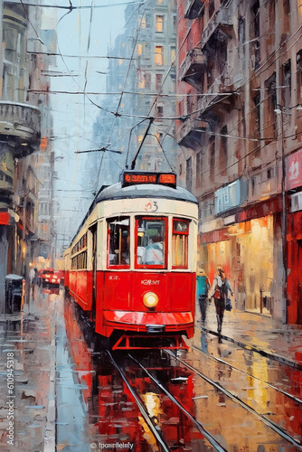 A painting of a red and white trolley on a city street. Generative AI.