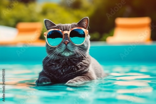 Adorable Cat Puddle Fun with Sunglasses. Generative AI © Haider