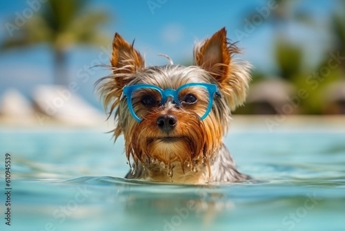 Adorable Dog Puddle Fun with Sunglasses. Generative AI