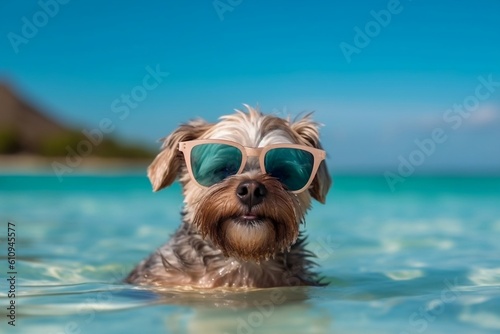 Adorable Dog Puddle Fun with Sunglasses. Generative AI © Haider