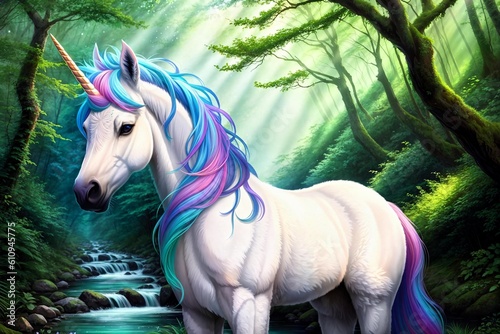 Unicorn in a beautiful mystical forest. Fantasy Art. Digital Painting. Generative AI.