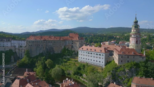 Beautiful aerial top view flight 
Krumlov castle on the hill castlein in czech republic Cesky in Europe, summer of 2023. panorama overview drone
4K uhd cinematic footage. photo