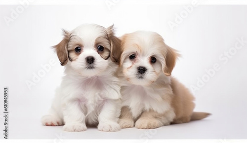 Shih Tzu and Maltese puppies sitting in a row on a white background. Long format banner. Generated by AI. © Julia