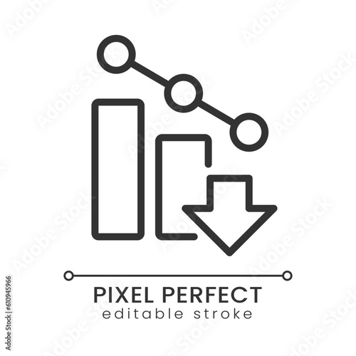 Falling arrow pixel perfect linear icon. Poor performance. Business forecast and prediction. Thin line illustration. Contour symbol. Vector outline drawing. Editable stroke. Poppins font used