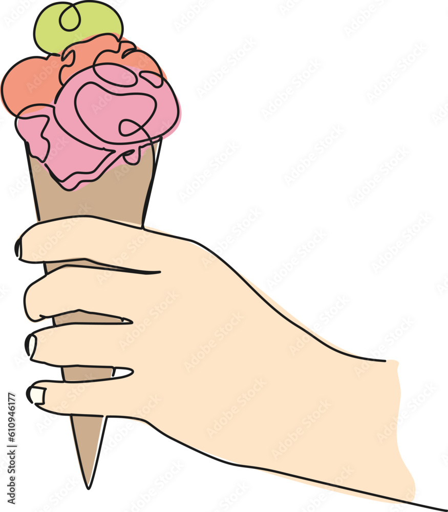colorized continuous single line drawing of hand holding ice cream cone ...