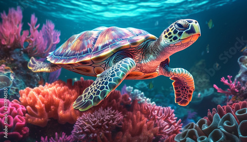 A beautiful underwater world. A turtle swimming in neon colors in the ocean amidst corals and fish. Generated by AI.