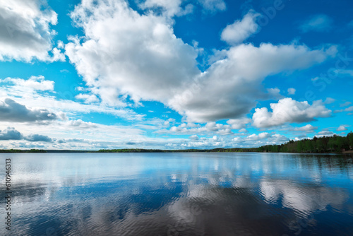 Lake (river) on a cloudy day. Reflections in water. Idyllic spring landscape. Pure nature, ecology, ecological reserve, ecotourism