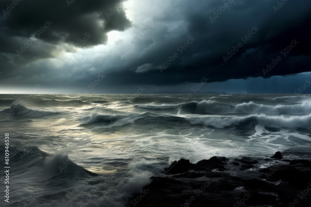 An image depicting dark, ominous clouds gathering over a stormy ocean, indicating the imminent arrival of a hurricane. Generative Ai