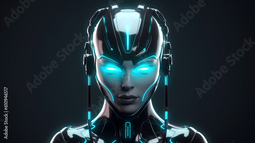 3D Render Visualization of artificial intelligence, AI, Robot Head with shiny neon eyes on a dark background. Generative AI