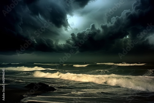 An image depicting dark, ominous clouds gathering over a stormy ocean, indicating the imminent arrival of a hurricane. Generative Ai
