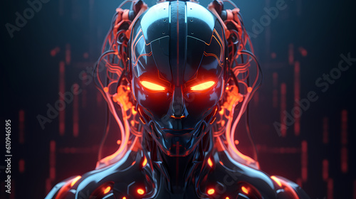 3D Render Visualization of artificial intelligence  AI  Robot Head with shiny neon eyes on a dark background. Generative AI