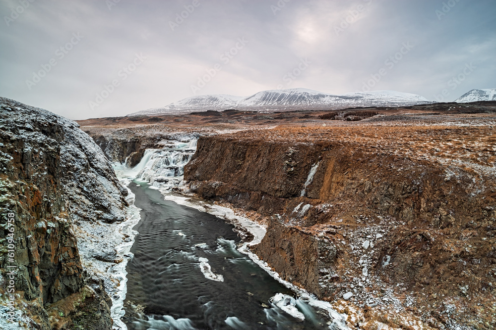 Panoramic view of Reykjafoss waterfall. Varmahlid river in Northern Iceland in winter