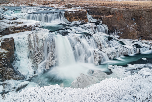 Panoramic view of Reykjafoss waterfall. Varmahlid river in Northern Iceland in winter
