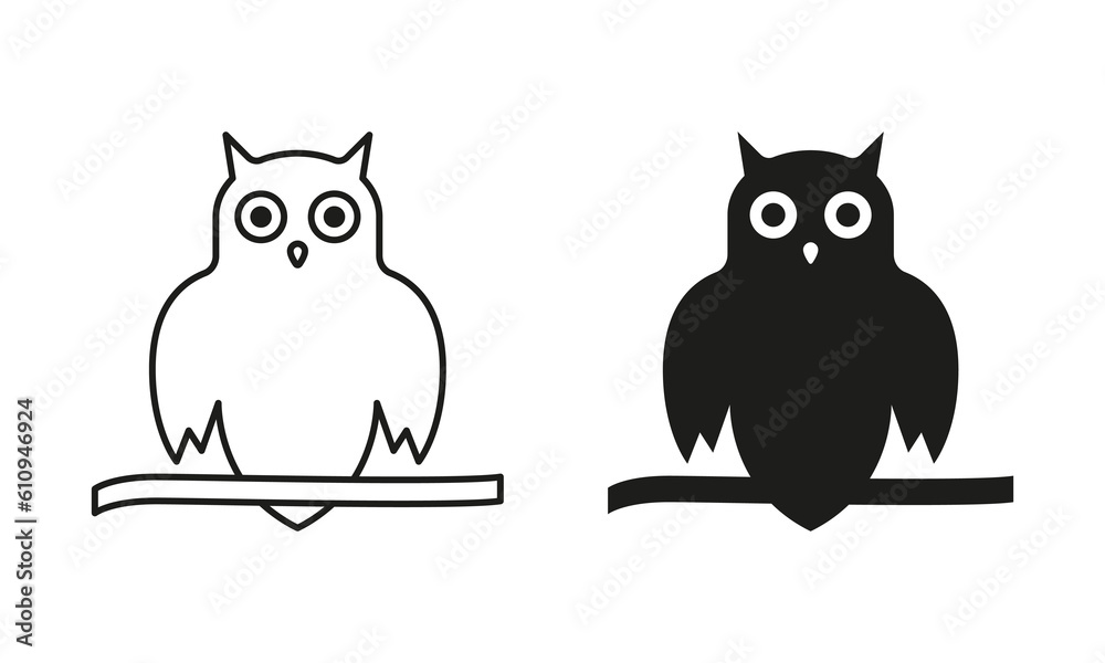 Spooky Owl with Round Eyes Line and Silhouette Black Icon Set. Owl Symbol of Halloween and Wisdom Pictogram. Wise Night Bird Sitting on Tree Branch Symbol Collection. Isolated Vector Illustration