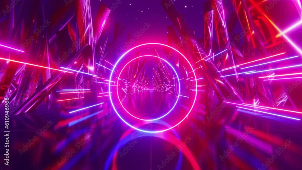Abstract neon background with defocusing at the edges. Neon circle and lines move in space. Reflection. Futuristic background. Neon traffic. cyclic animation in 3D 4K 