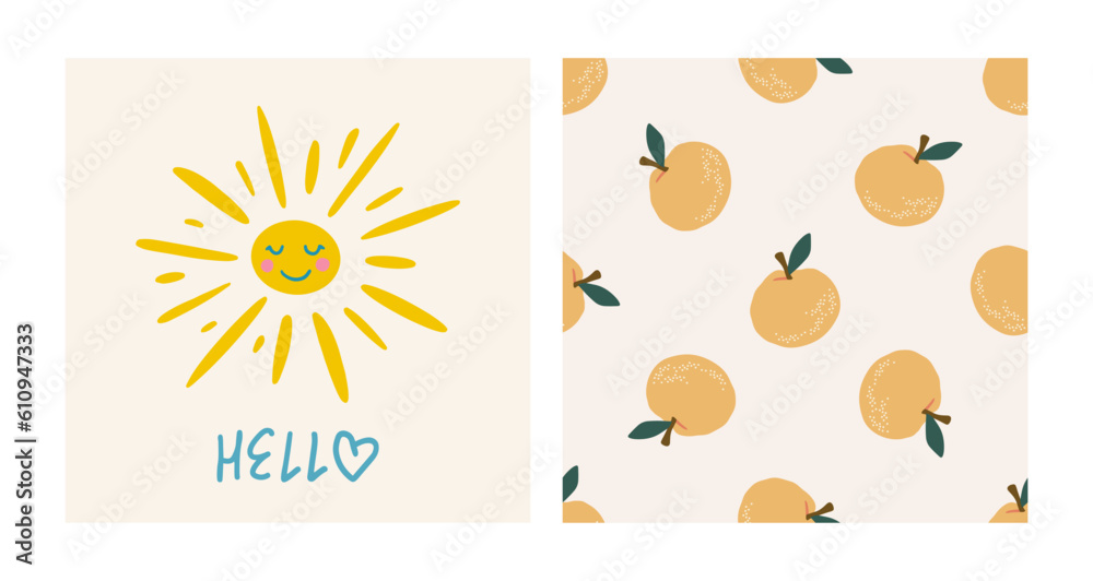 Summer cute collection. Hand drawn retro vector sun card and pattern set. Hello typography slogan. Exotic seamless pattern with oranges