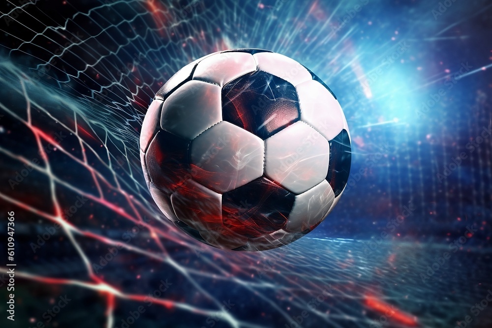Naklejka premium Soccer ball flew into the goal. Football ball bends the net, against the background of flashes of light. Soccer ball in goal net on dark blue background. A moment of delight. Generative AI Technology
