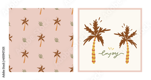 Tropical boho collection. Hand drawn vector beach set. Enjoy typography slogan. Retro seamless pattern with palm tree and palm leaves.