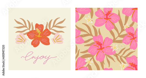 Tropical exotic collection. Hand drawn bohemian tropical flora set. Enjoy typography slogan. Vivid seamless pattern with pink hibiscus on beige background