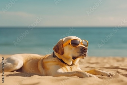 Stunning Dog Enjoying Ocean View at the Beach. Generative AI © Haider