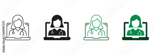 Online Remote Healthcare Pictogram. Online Digital Medicine Line and Silhouette Icon Set. Virtual Medical Service, Telemedicine Symbol Collection. Doctor in Computer. Isolated Vector Illustration