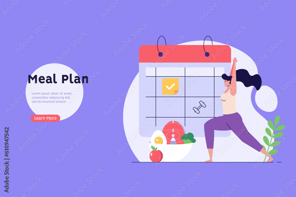 Diet plan illustration. Woman planning diet with calendar and fresh vegetable. Meal plan, nutrition consultation, balance diet. People control weight. Vector flat cartoon design for web banners, UI - obrazy, fototapety, plakaty 