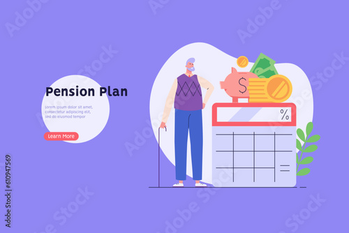 Elderly people choosing pension plan. Pensioner standing next to calculator and coins. Concept of pension savings, insurance pension, funded pension, investments. Vector flat cartoon design