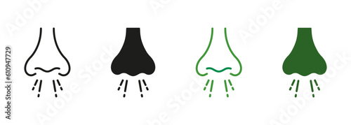 Cold, Flu, Virus Symbol Collection. Allergy Infection, Allergic Respiratory Sickness Sign. Rhinitis Symptom Pictogram. Runny Nose Blowing Line and Silhouette Icon Set. Isolated Vector Illustration