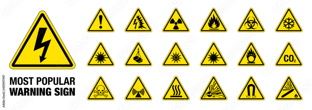 Set of 18 most popular isolated hazardous symbols on yellow round triangle board warning sign Set of 18 most popular isolated hazardous symbols on yellow round triangle board warning sign