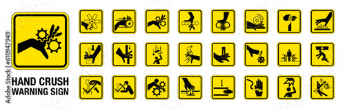 Set of 24 isolated Hand Crush Force hazardous symbols on yellow round square board warning sign