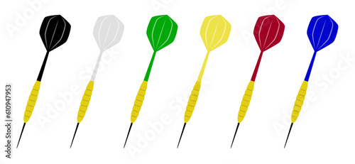 Darts for darts game. Black, white, green, yellow, red, blue flat darts