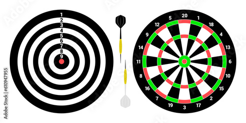 Two classical Dartboards for playing darts. Two darts black and white. Flat style. isolated vector