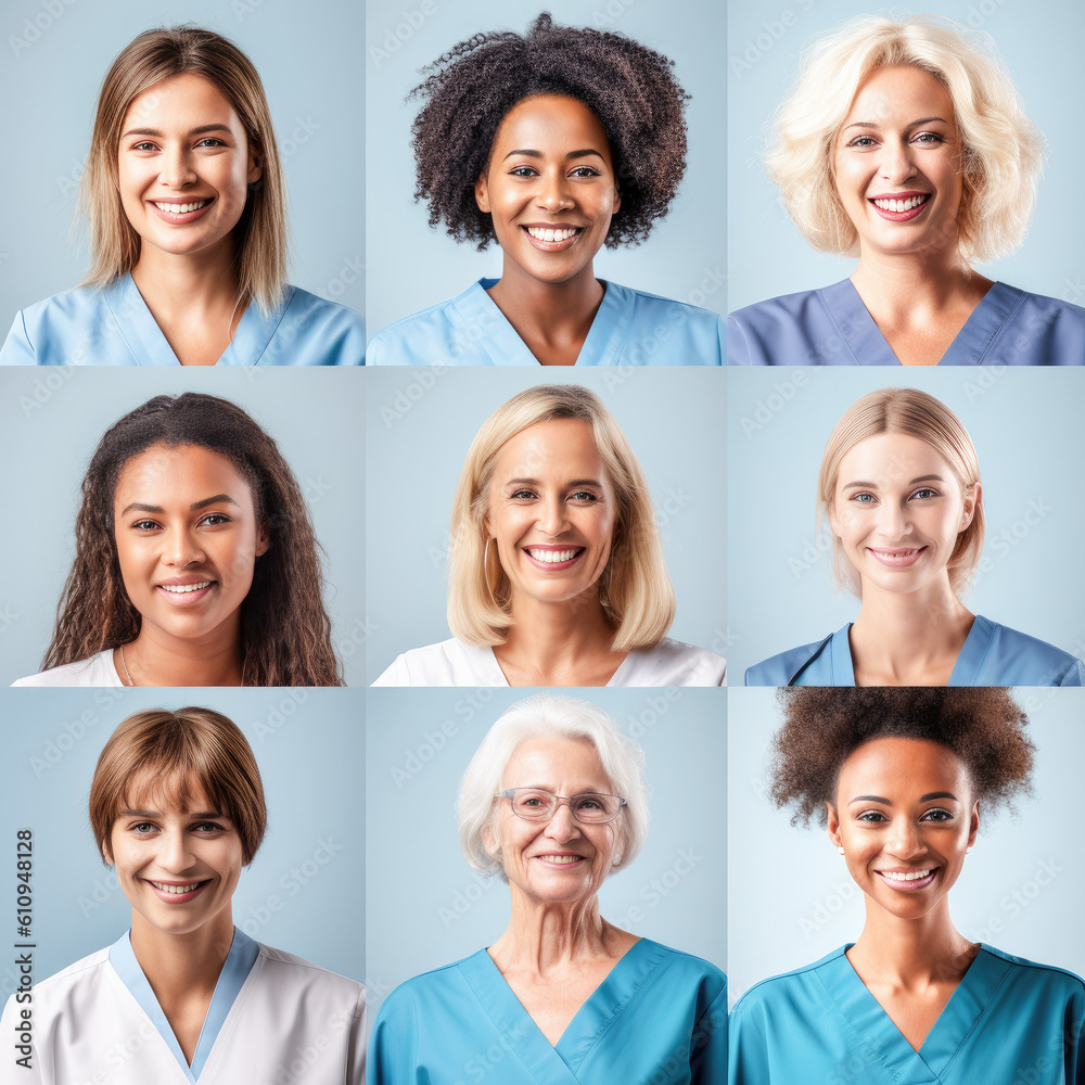 Fototapeta premium Collage of smiling nurses portraits of different ethnicities promoting diversity and encouraging inclusive empowerment in the workplace. Generative AI.