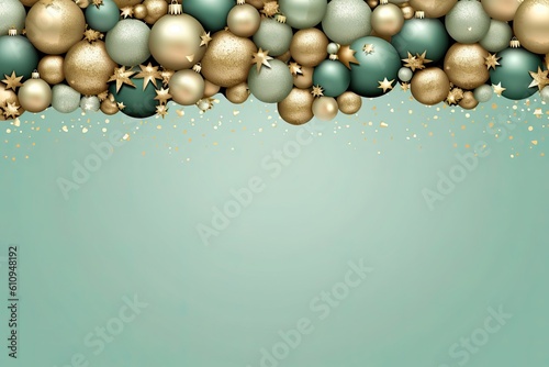 Christmas golden and blue glass balls on blue background. Space for text. View from above. Flat lay style. Generative AI.