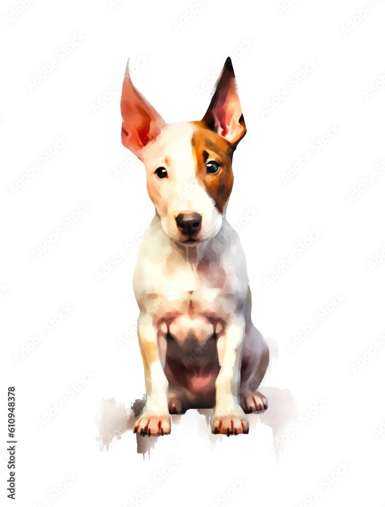 Watercolor cartoon illustration of a cute Bull Terrier dog on white background. Generative AI.