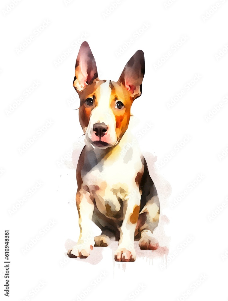 Watercolor cartoon illustration of a cute Bull Terrier dog on white background. Generative AI. Watercolor cartoon illustration of a cute Bull Terrier dog on white background. Generative AI.