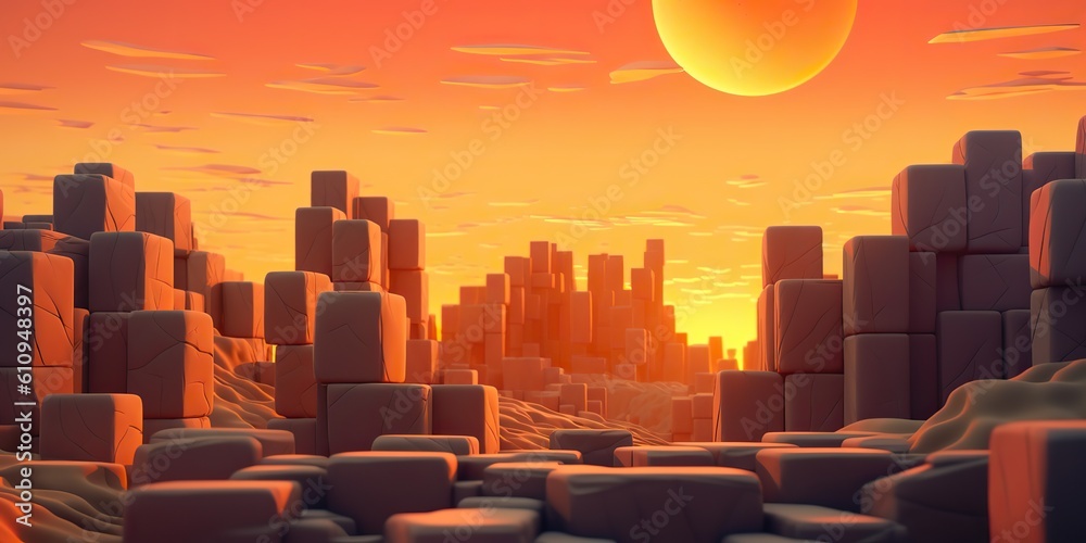 AI Generated. AI Generative. Anime comics cartoon landscape with abstract road stone briks and sun on horizone. Graphic Art