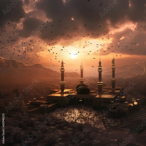 islam mosque with the sunset