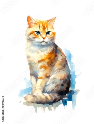 Cute orange cat on white background in watercolor style. Generative AI.