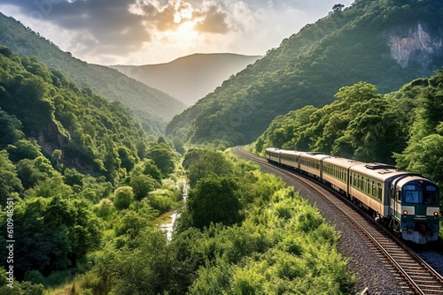 Train Traveling Through Lush Green Valley.