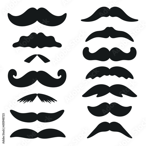 Black silhouette mustache set. Hipster, vintage, retro, mustache style for man, ink collection. Male mustache of different variations, isolated vector illustration