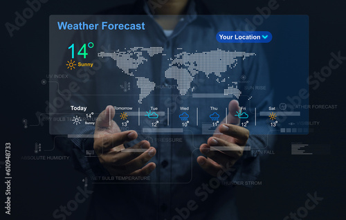 Photos The user's hand check the weather forecast on screen checking the weather during the day, such as temperature, wet dry bulb absulute humidity, relative, atmospheric pressure, UV index and rain fall