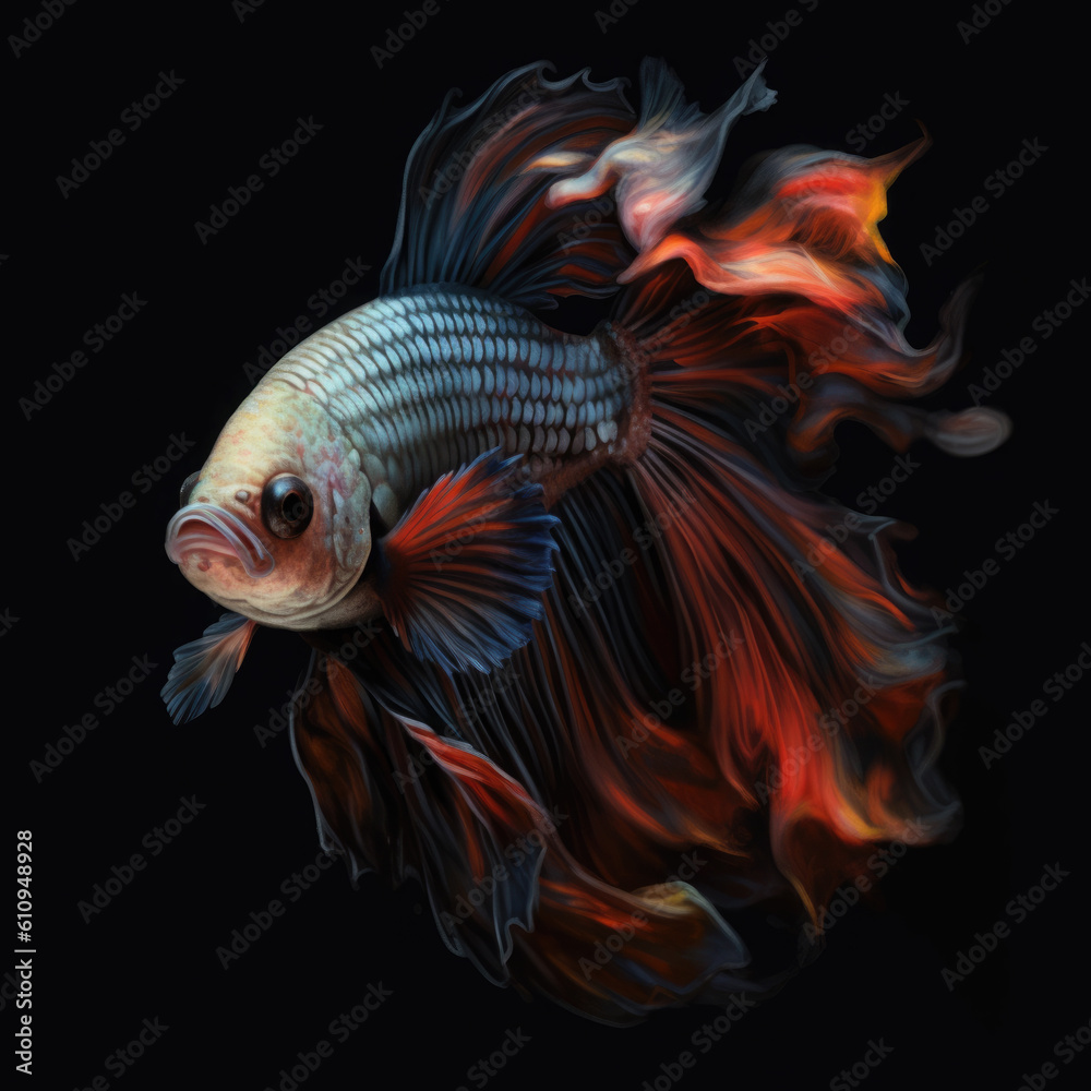 Fototapeta premium Siamese fighting fish on a black background. Digital art. Generative AI.